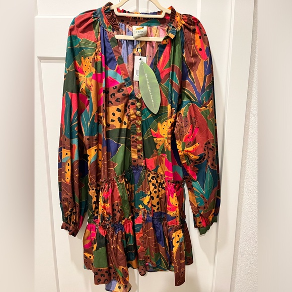 FARM Rio NWT AUTHENTIC BROWN PRINTED LEOPARD TROPICAL LONG SLEEVES DRESS - Picture 3 of 16
